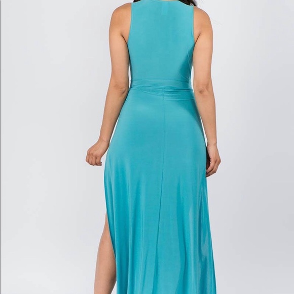 NEW TRENDY TEAL V NECK TANK TOP DOUBLE HIGH SLIT MAXI DRESS - Picture 7 of 8